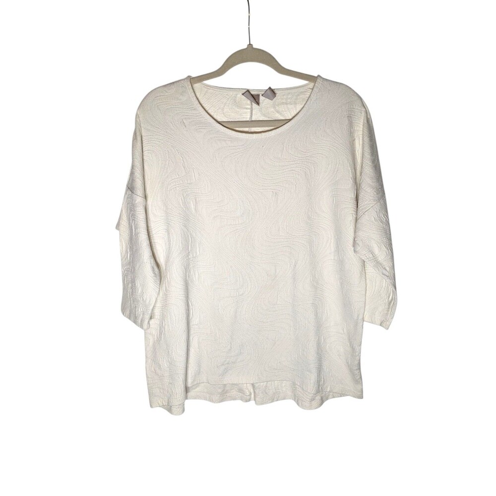 Chico's Textured 3/4 Sleeve White Stretch Blouse Top Sz 3 US XL Office Capsule